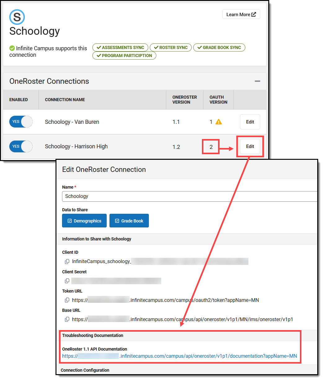 Two part screenshot of the OneRoster connections for a vendor with the OAuth version and edit button highlighted, and the Edit screen with the Troubleshooting link highlighted.