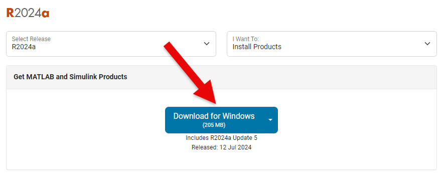 screenshot of a download page with an arrow pointing to a download button for windows