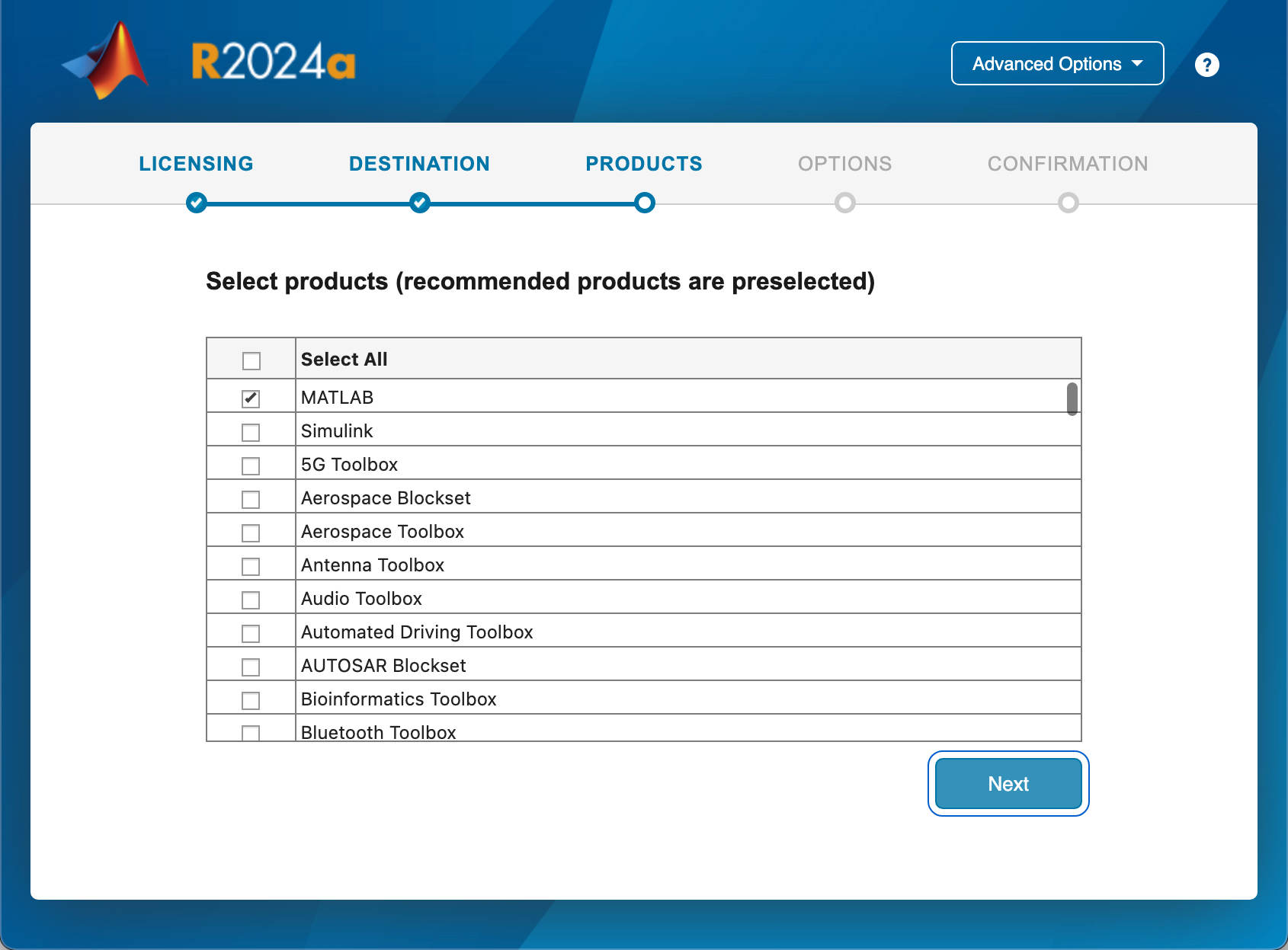 screenshot of the MATLAB setup page listing various toolboxes with checkboxes