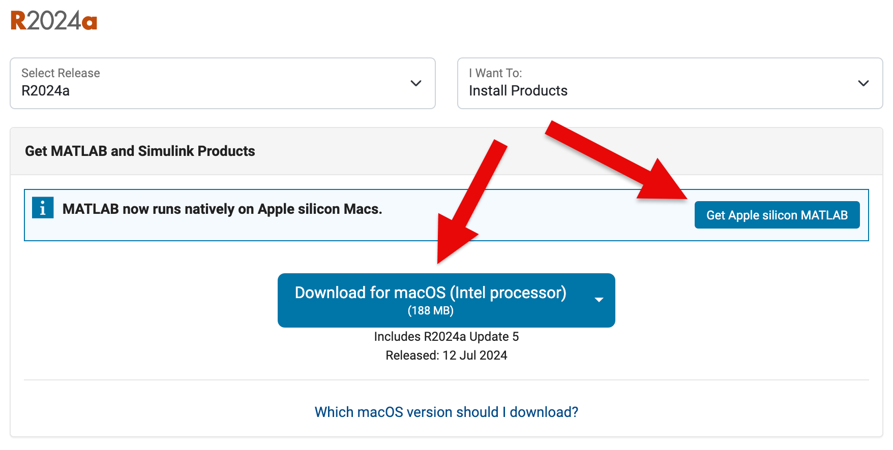 screenshot of a download page with arrows pointing to download buttons for apple silicon and intel macs