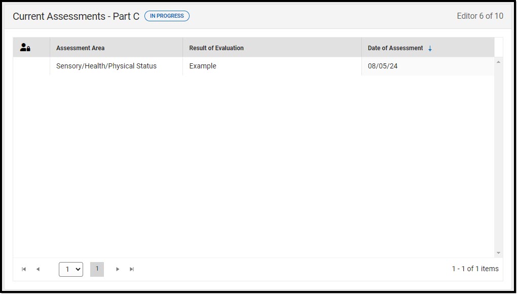 Screenshot of the Current Assessments - Part C List Screen.