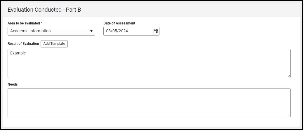 Screenshot of the Current Assessments - Part B Detail Screen.