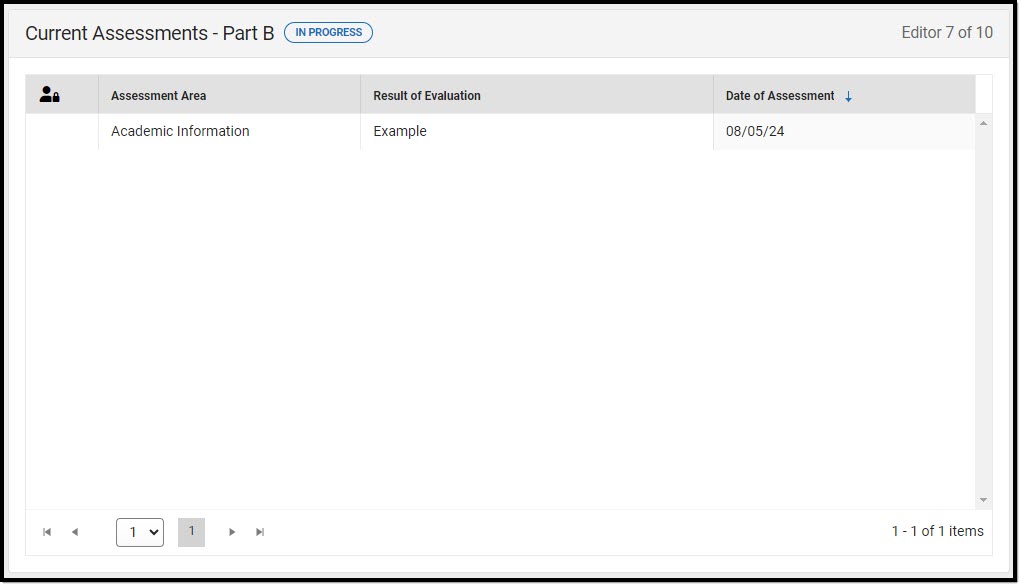 Screenshot of the Current Assessments - Part B List Screen.