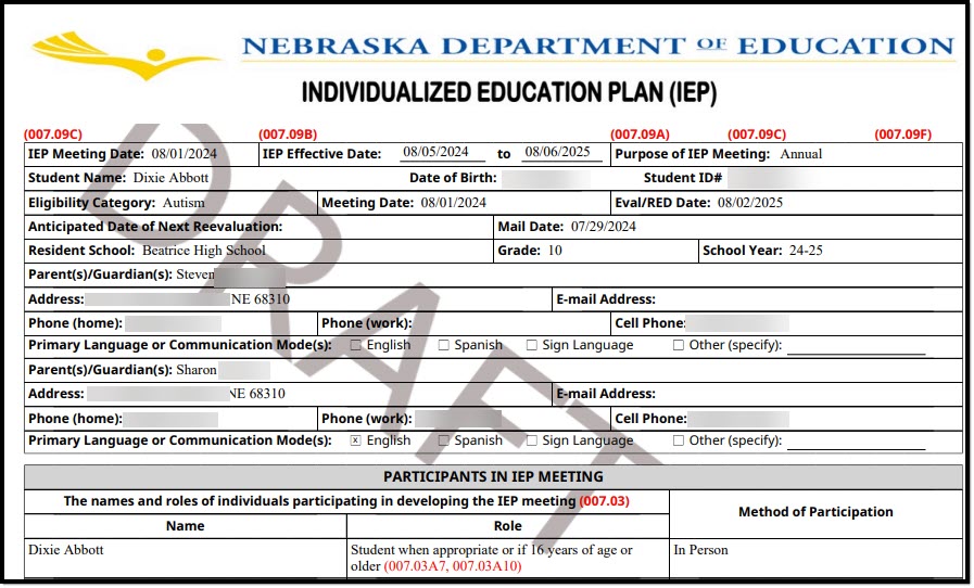 Screenshot of the non-signing guardian and student view of the eSignature document.