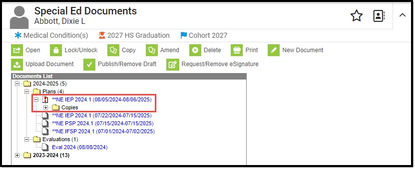 Screenshot of the exclamation mark icon on the Special Ed Documents tool.