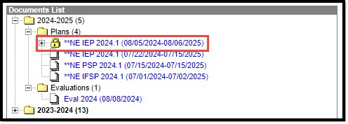 Screenshot of a locked plan on the special ed documents tool.