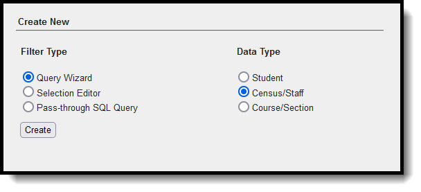 Screenshot of filter selections