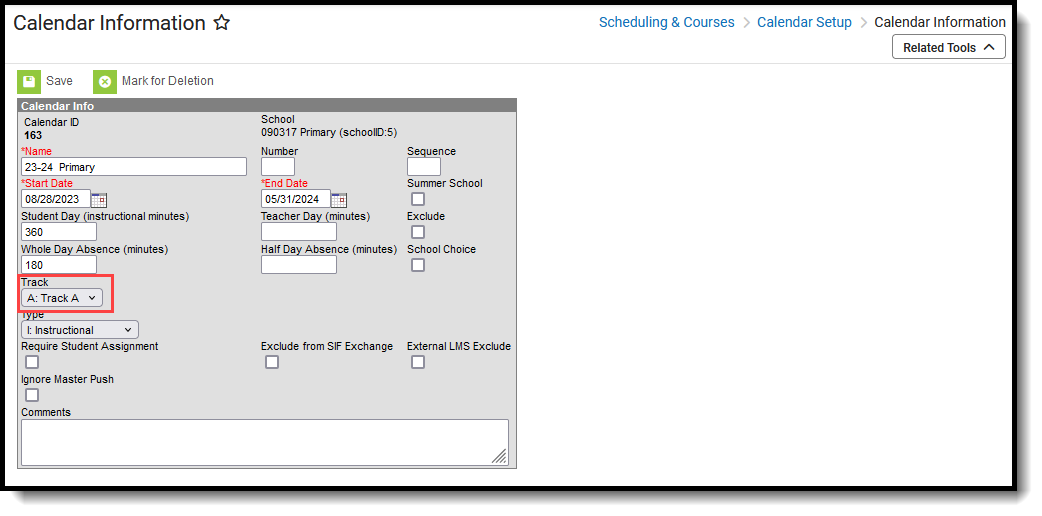 Screenshot of the Calendar Information editor highlighting the Track field. 