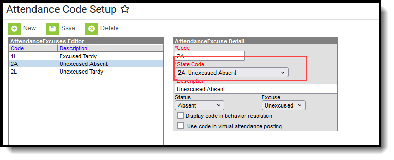 Screenshot of the State Code assignment on an Attendance Code. 