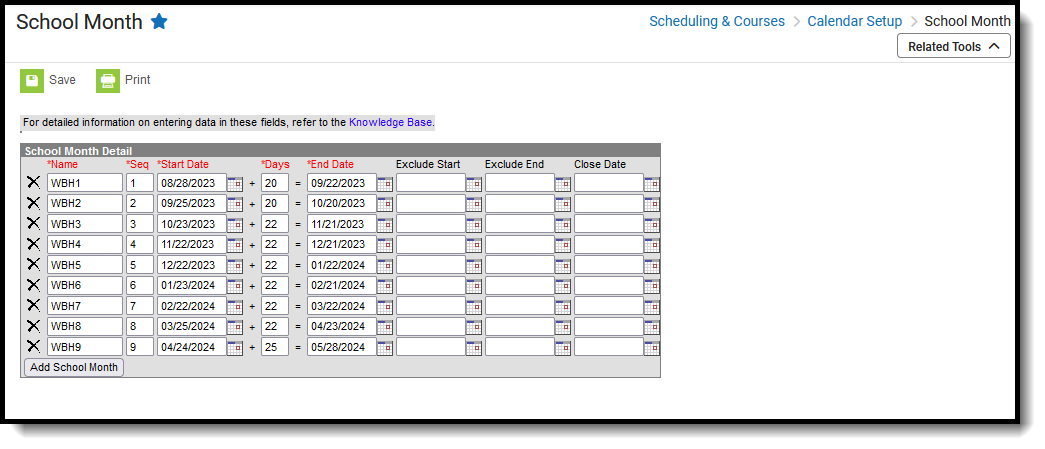 Screenshot of the School Months tool, located at Scheduling & Courses, Calendar Setup.