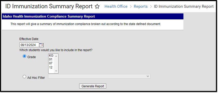 Screenshot of the Idaho immunization summary report editor.