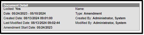 Screenshot of the Amendment Start Date in the Document Detail screen.