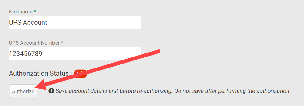 UPS carrier configurations with the Authorize button