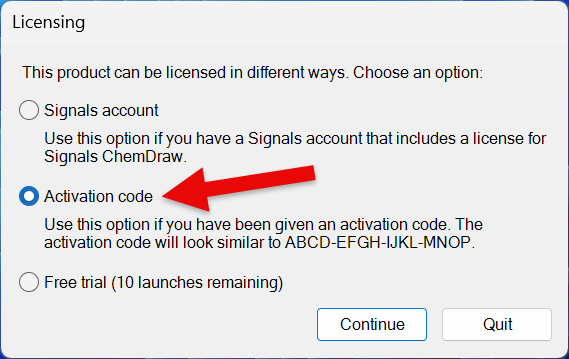 screenshot of a pop-up window with an arrow pointing to the activation code option