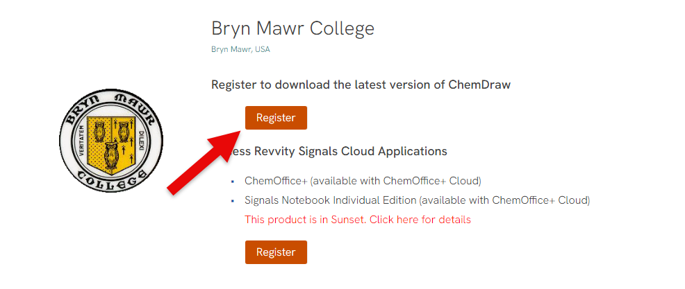 screenshot of the chemdraw registration page with an arrow pointing to a button titled 