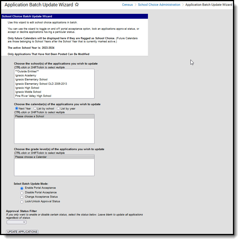 Screenshot of the School Choice Batch Update editor, located at Census, Census School Choice Administration.