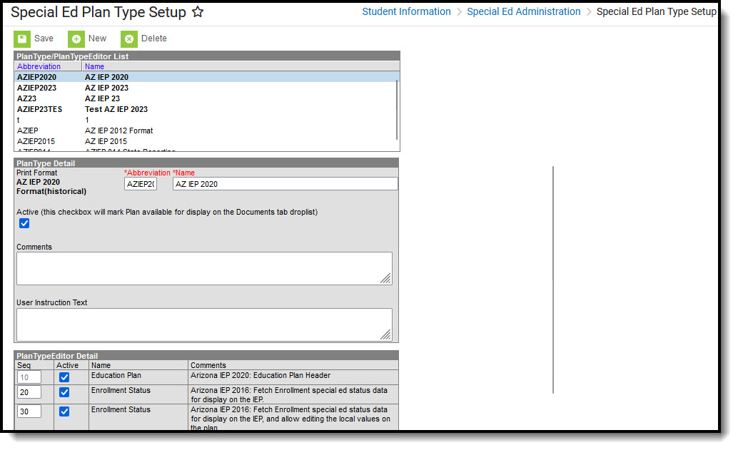 Screenshot of the Special Ed Plan Setup.