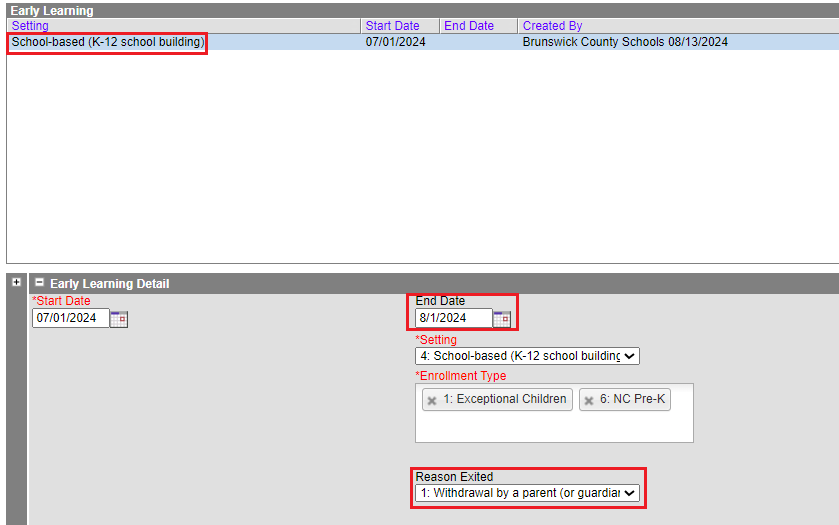 Early learning end program detail