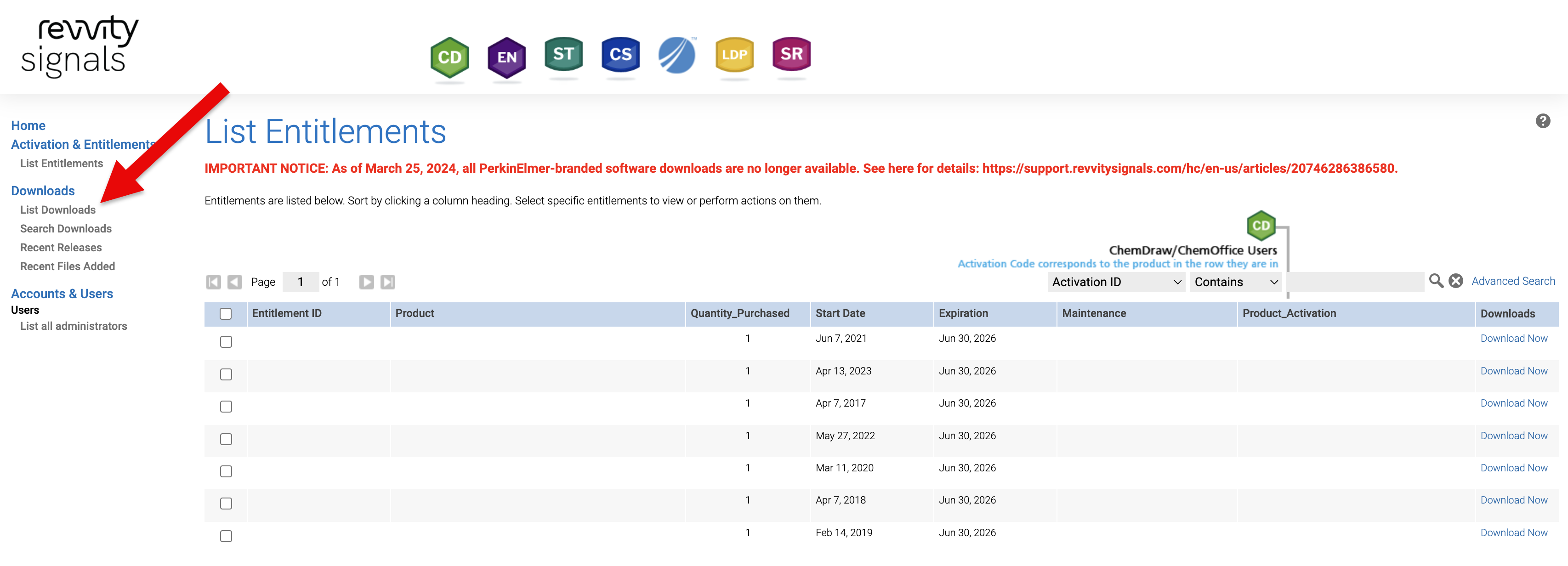 screenshot of the chemdraw entitlements page with an arrow pointing to a link titled 