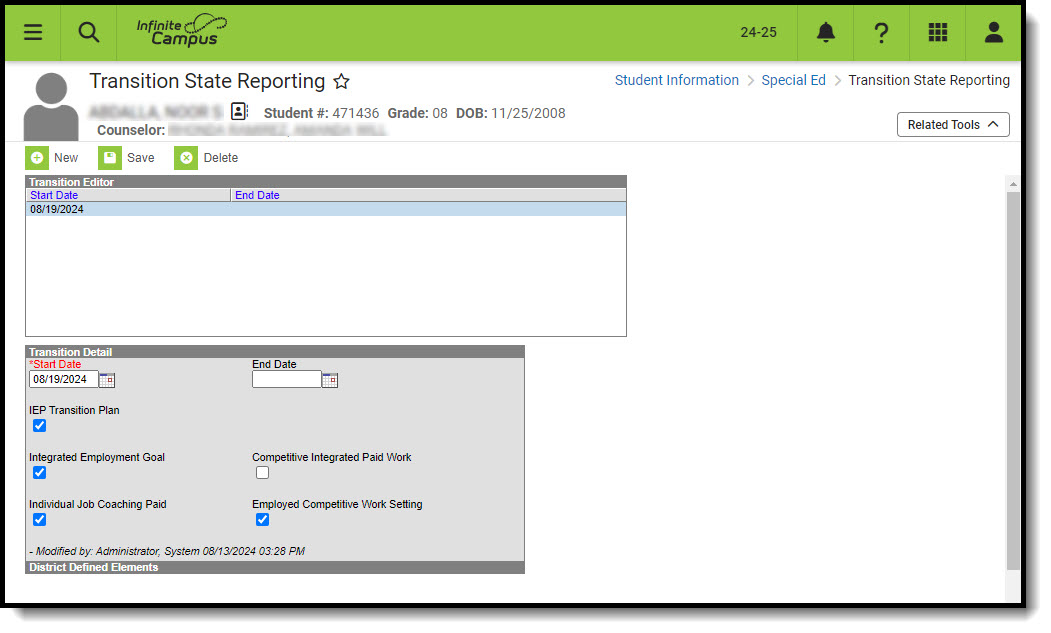 Screenshot of the transition state reporting tool.