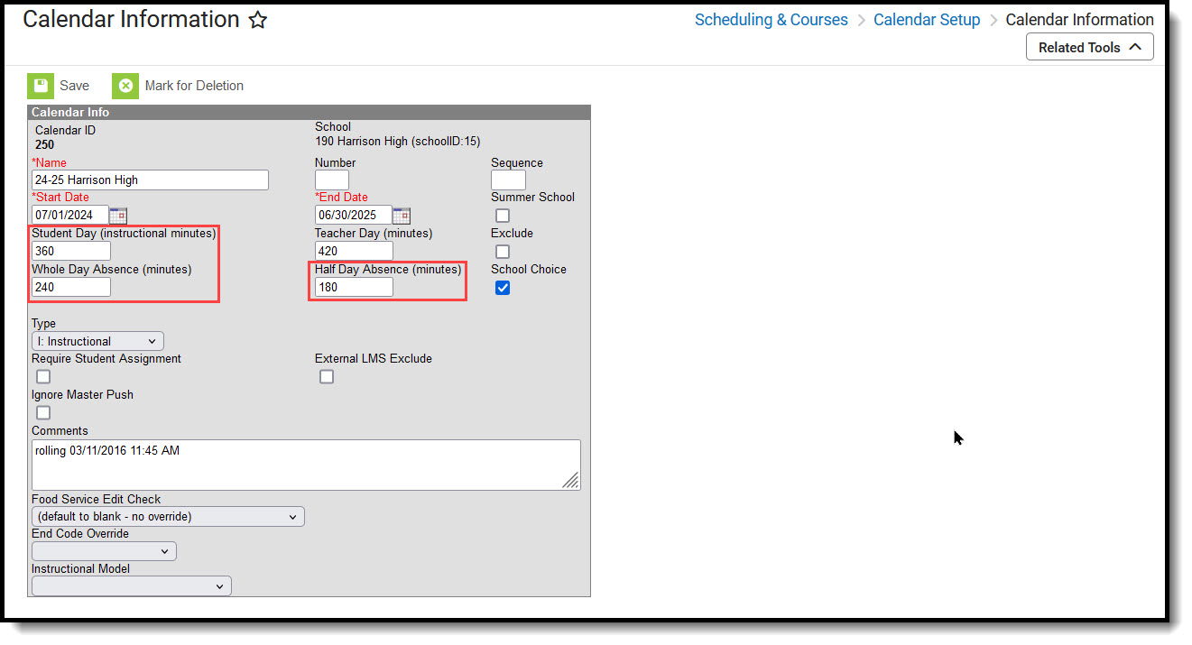 Screenshot of the Calendar tool with callouts around Student, Whole, and Half Day Absence minutes. 