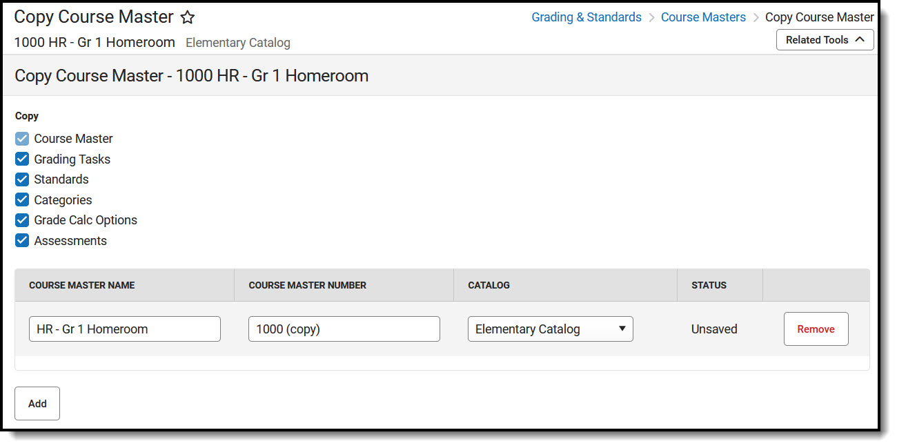 Screenshot of the Copy Course Master tool. 