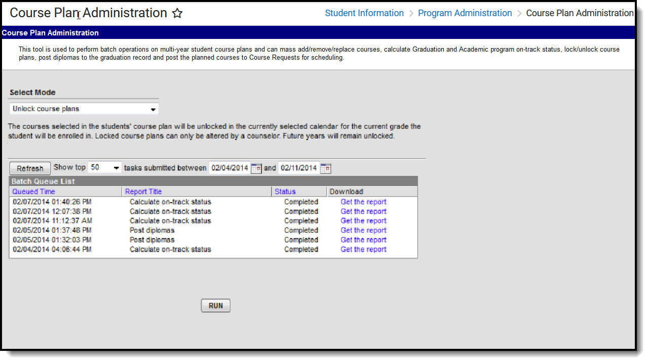 Screenshot of the Course Plan Administration tool in Unlock Course Plans mode. 