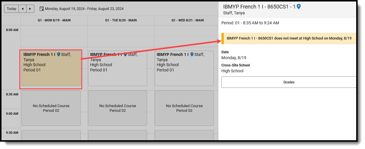 Screenshot of the student's schedule showing a Cross-Site course that is not meeting on a particular school day. 