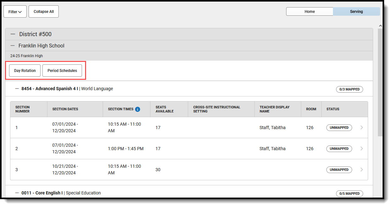 Screenshot of the Day Rotation and Period Schedule print buttons on the Mapping tool. 