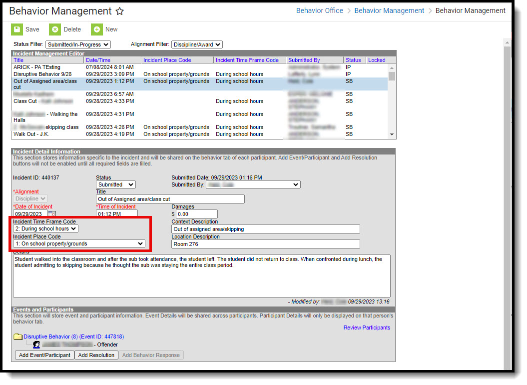 Screenshot of the behavior incident detail editor fields.