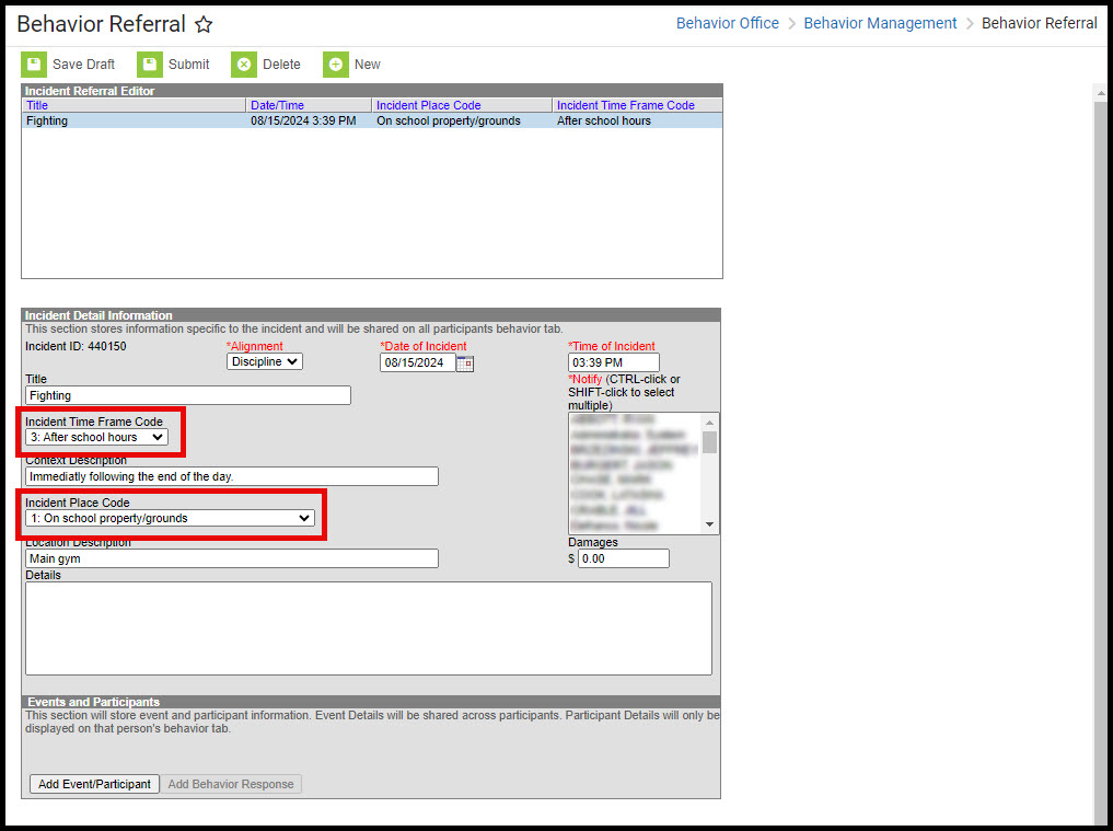 Screenshot of the behavior incident detail editor fields.