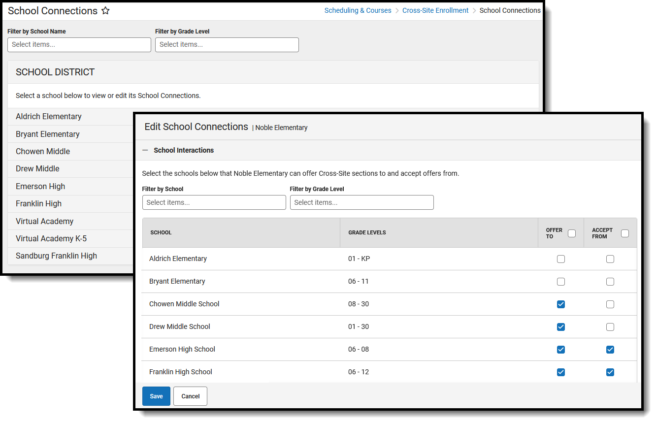 Screenshot of the School Connections tool, located at Scheduling & Courses , Cross-Site Enrollment