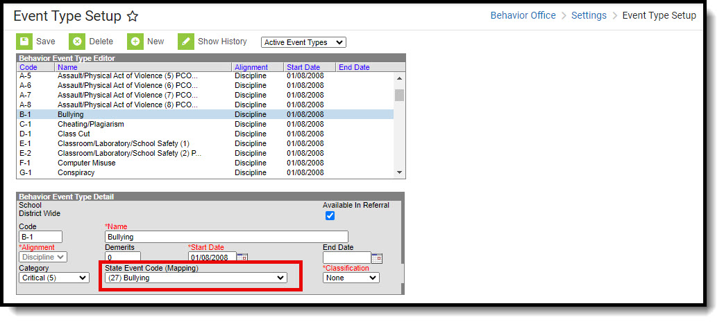 Screenshot of the Event Type detail, highlighting the State Event Code (Mapping) field. 