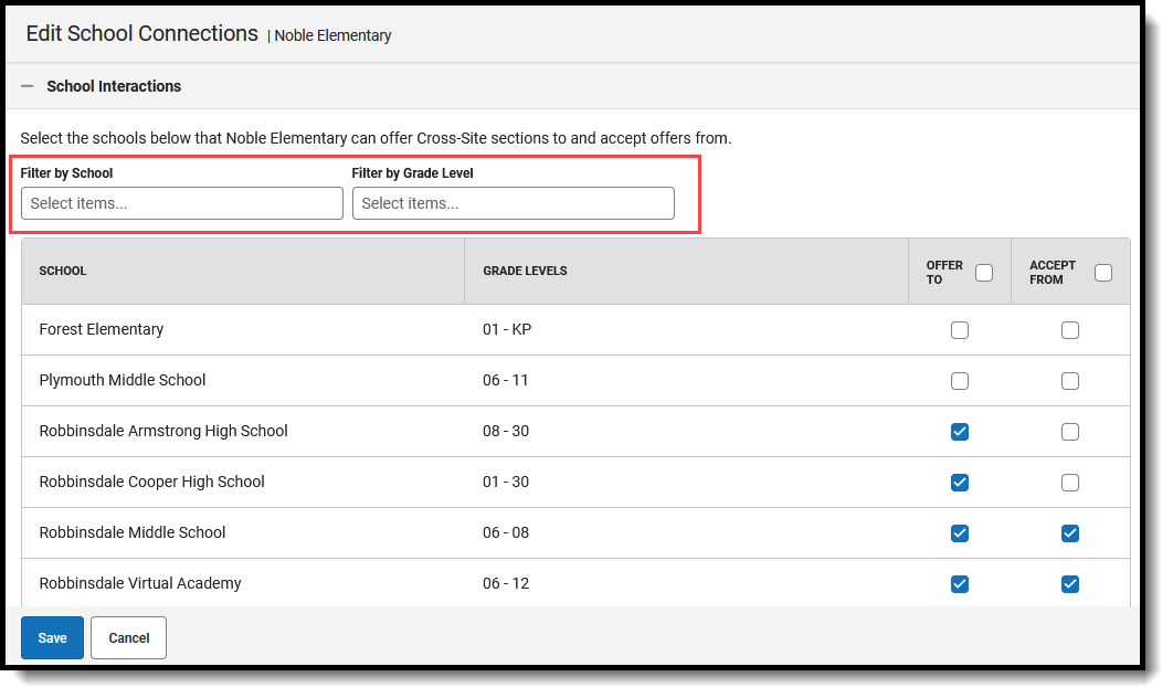 Screenshot of the School Connections tool, with the Filter by School and Filter by Grade Level fields highlighted.