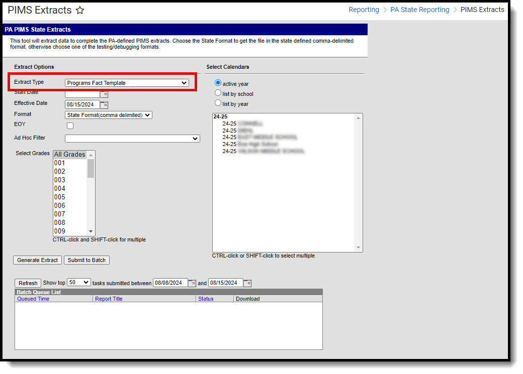 Screenshot of PA PIMS State Extract tool.