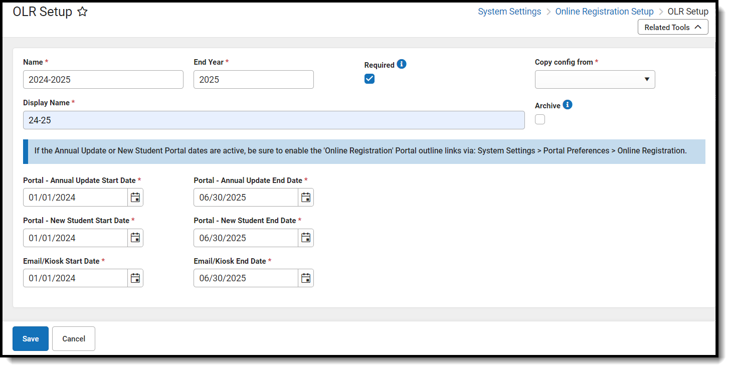 Screenshot of OLR Setup Details