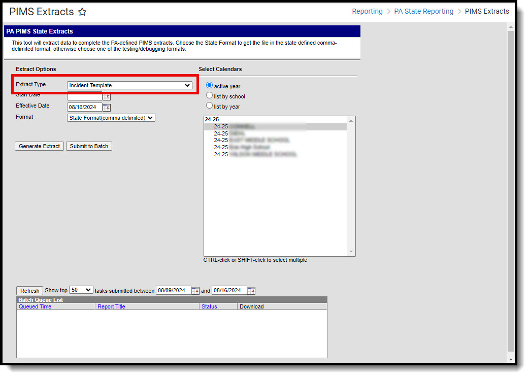 Screenshot of PIMS Extracts Incident Template editor.