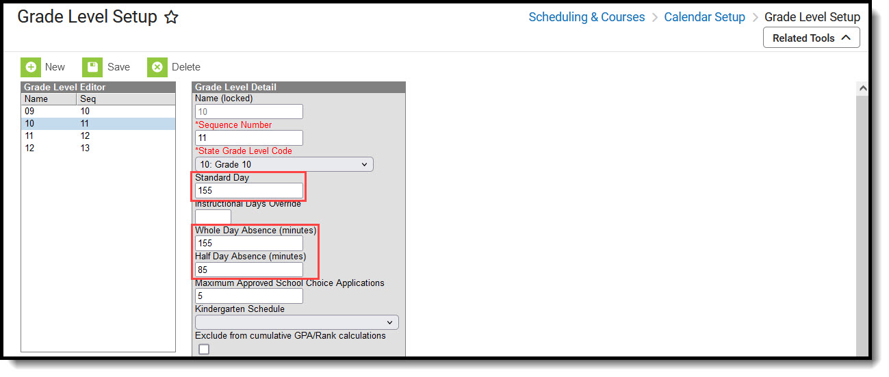 Screenshot of the Grade Levels tool with callouts around Standard Day, Whole Day, and Half Day Absence minutes. 