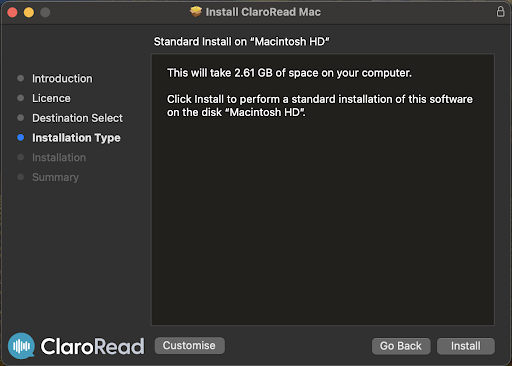 ClaroRead Mac Installer showing the Installation type screen