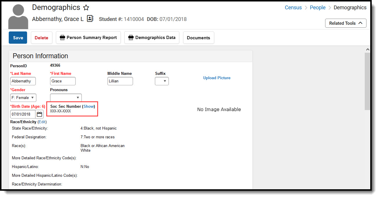 Screenshot of the Demographics tool with a callout around the Social Security Number field.