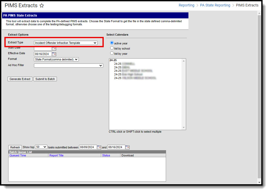 Screenshot of PIMS Extracts Incident Offender Infraction Template editor.