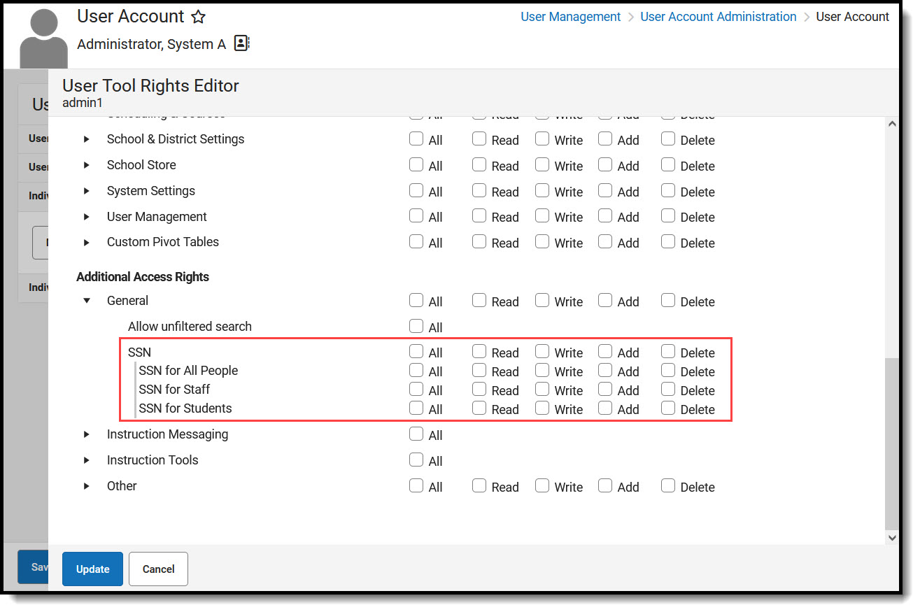 Screenshot of Social Security Number tool rights in the User Tool Rights Editor.