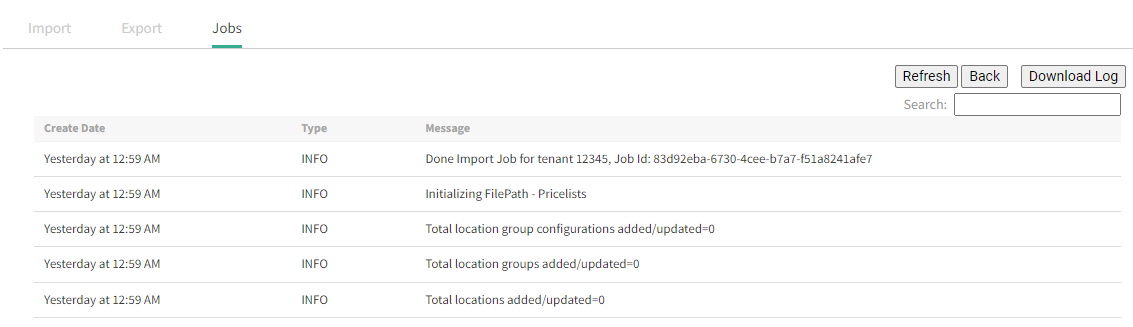 The Jobs tab of the application with example logs