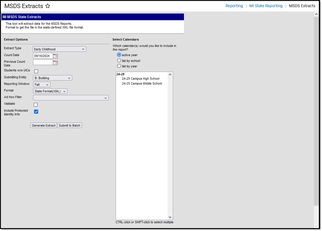 Screenshot of the MSDS early childhood extract editor.