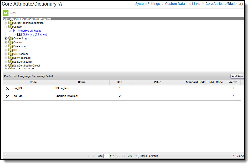 Screenshot of Preferred Language list in the Attribute/Dictionary.