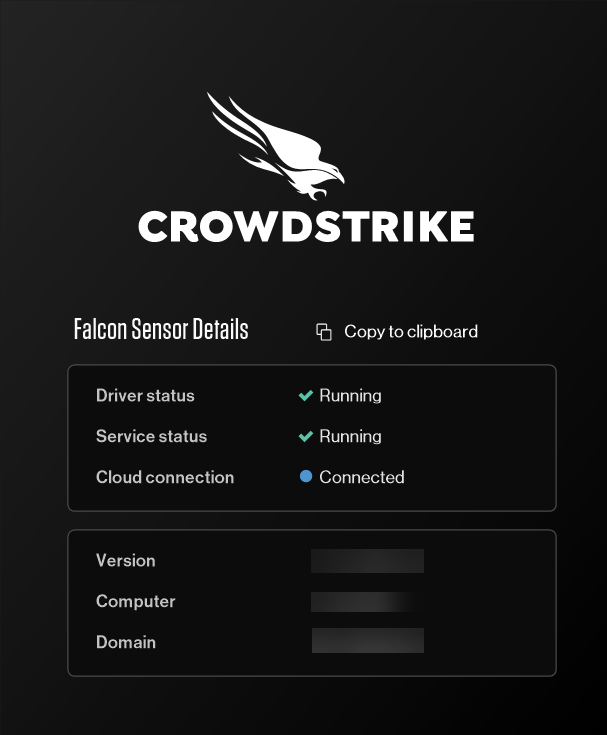 an information panel that displays connection information about crowdstrike falcon