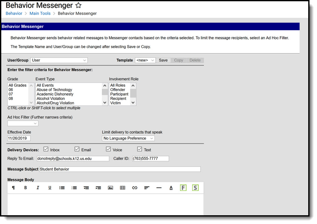 Screenshot of the Behavior Messenger tool.