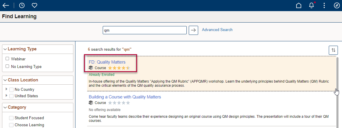 Screenshot of the search in myWorkshops emphasizing the FD: Quality Matters course 