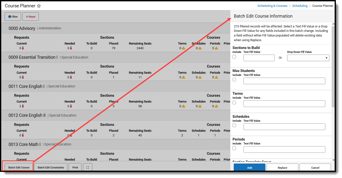 Screenshot of the Batch Edit Course Information side panel. 