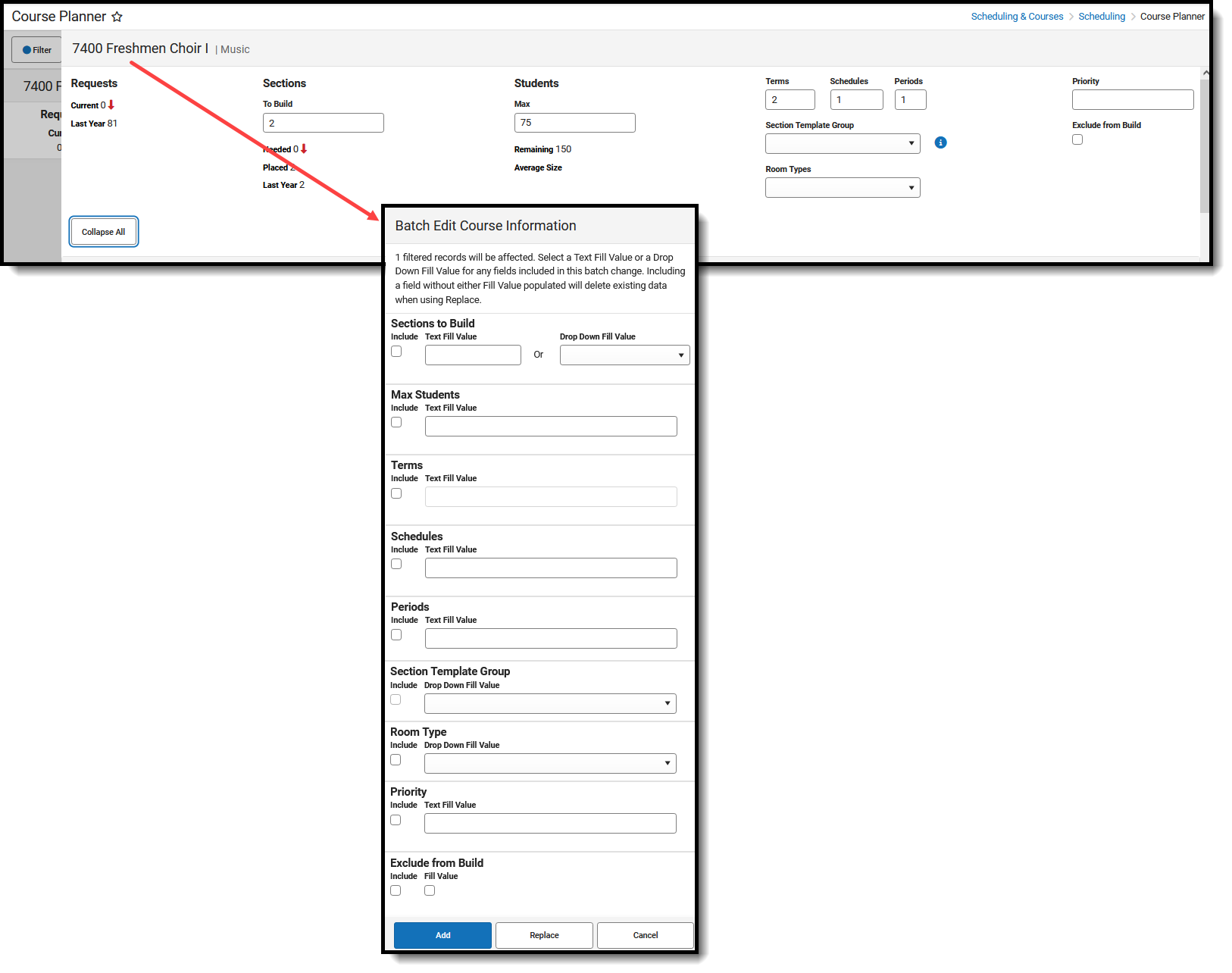 Screenshot of the course information fields that can be modified using the Batch Edit Course option. 